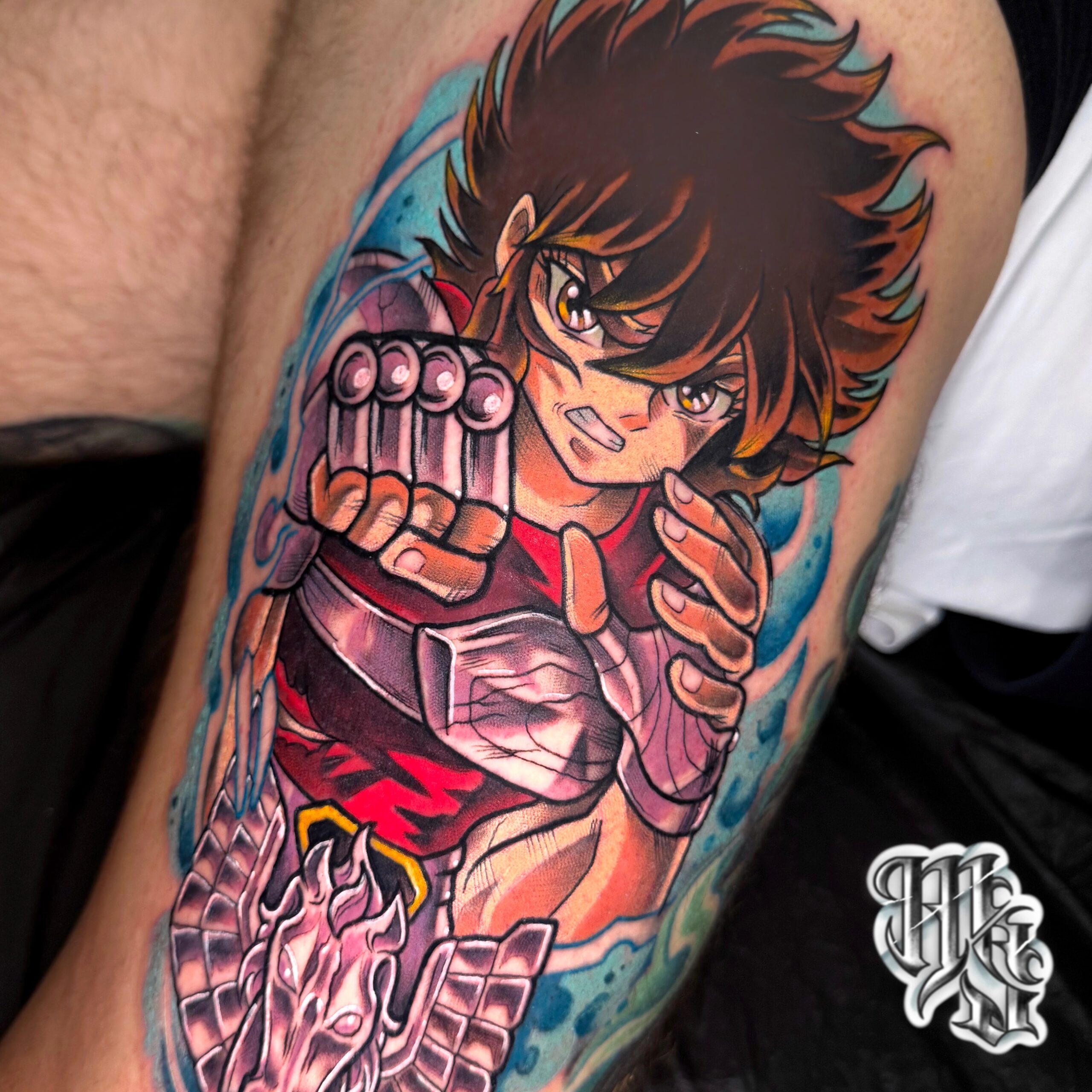 tatuaje caballeros del zodiaco realizado en Madrid en la zona de vallekas a todo color