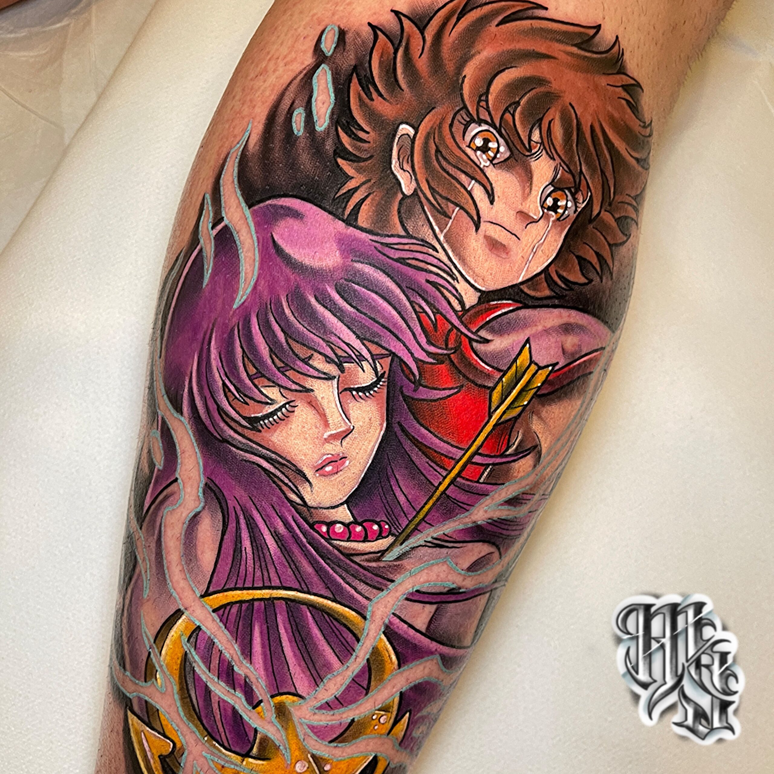 Saint seiya y shaori, tatuaje de estilo anime a todo color, realizado en madrid en estudio de tatuajes profesional