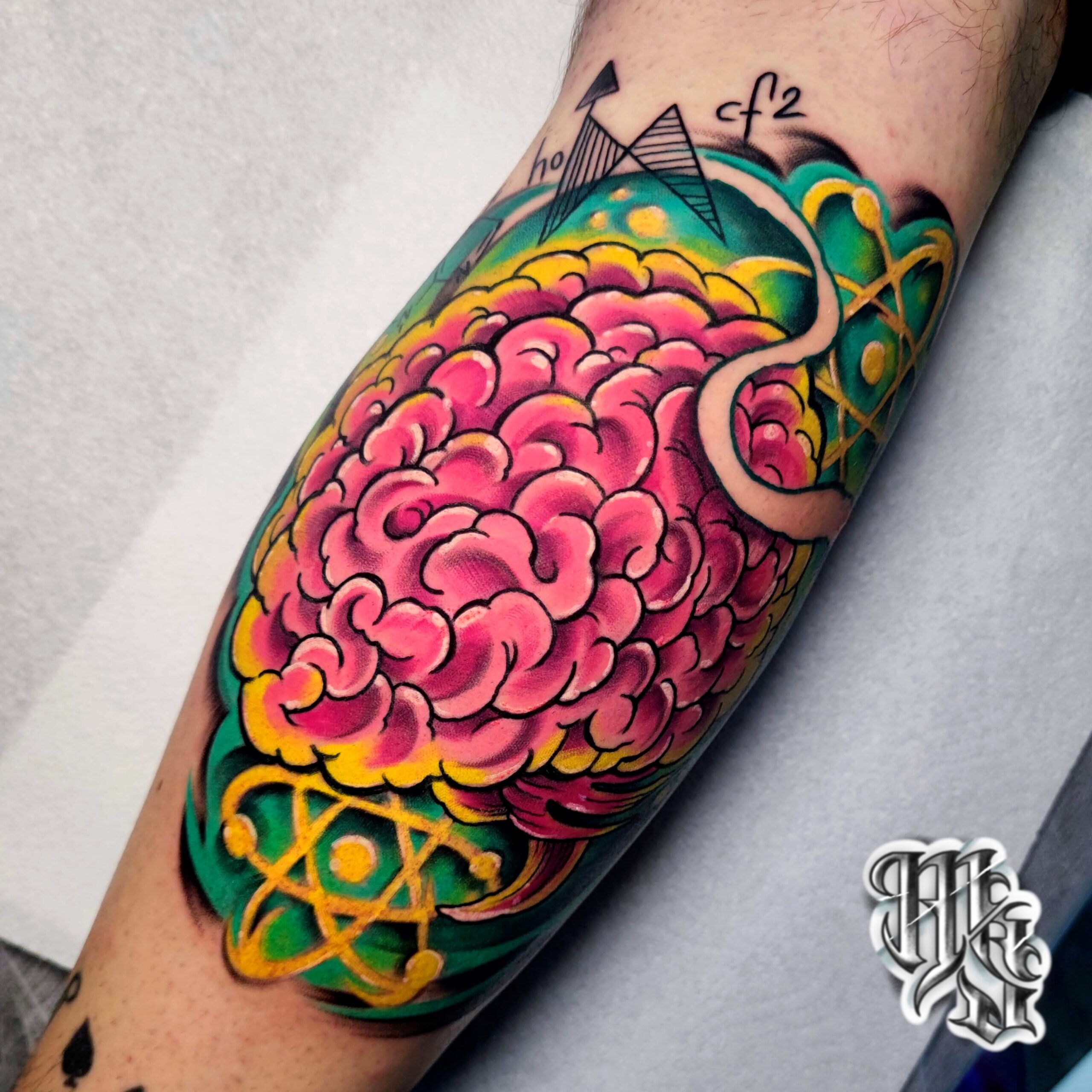 Tatuaje en estilo new school a todo color de un cerebro, estudio de tatuajes en vallecas, aluche, mostoles, madrid